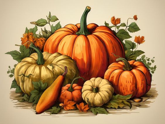 Colorful autumn harvest featuring pumpkins, gourds, and leaves. Perfect for fall decorations or Thanksgiving themes.