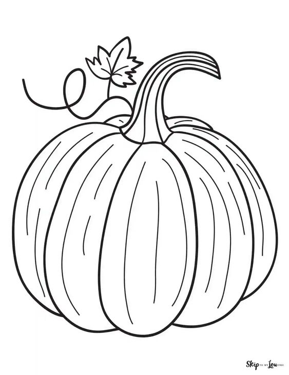 Black and white pumpkin coloring page for kids, featuring detailed lines and a vine with a leaf.