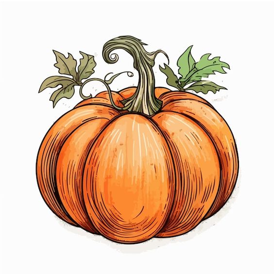 Illustration of a ripe orange pumpkin with a green stem and vine leaves, ideal for autumn and Halloween themed designs.