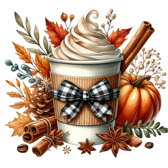 Delicious fall-themed pumpkin spice latte with whipped cream, surrounded by autumn leaves, pumpkins, and spices.