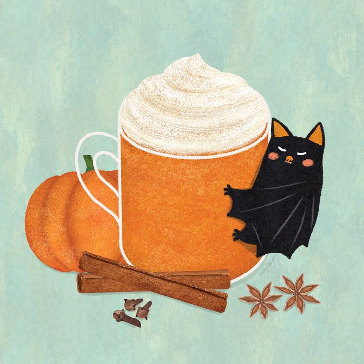 Illustration of a pumpkin spice latte with whipped cream, surrounded by pumpkins, spices, and a cute bat.