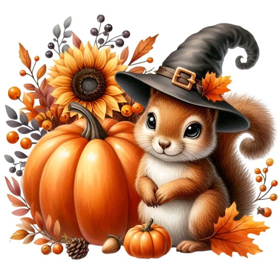 Cute squirrel in a witch hat with pumpkins, sunflowers, and autumn leaves, celebrating Fall and Halloween.