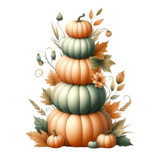 Stack of orange and green pumpkins with autumn leaves, creating a seasonal and festive fall decor arrangement.