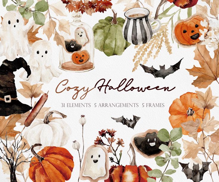 Watercolor Halloween elements including ghosts, pumpkins, bats, and autumn leaves with text Cozy Halloween.