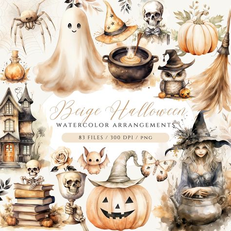 Beige Halloween watercolor illustrations featuring pumpkins, witches, ghosts, owls, and spooky elements. 83 files at 300 DPI in PNG.