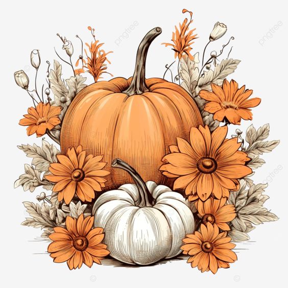 Illustrated autumn pumpkins with vibrant orange flowers and foliage, perfect for fall decorations and festive harvest themes.