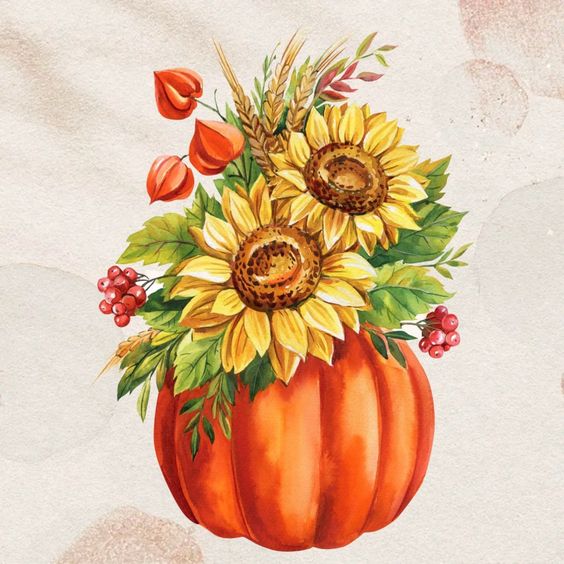 Autumn bouquet in a pumpkin vase with sunflowers, red berries, wheat stalks, and green leaves on a light background.