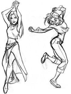 Sketch of two cartoon women dancing energetically, one in a long skirt and the other in casual pants and a top.