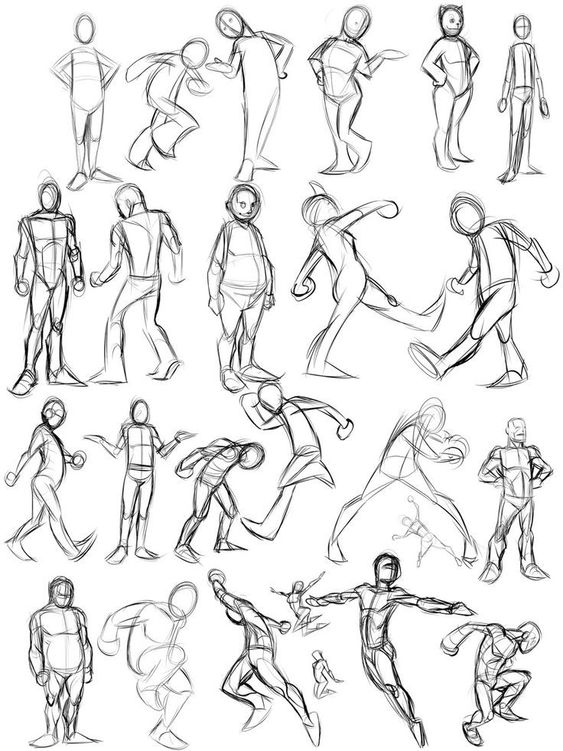 Sketches of various human poses and figures, illustrating dynamic movement and structural anatomy for drawing reference.