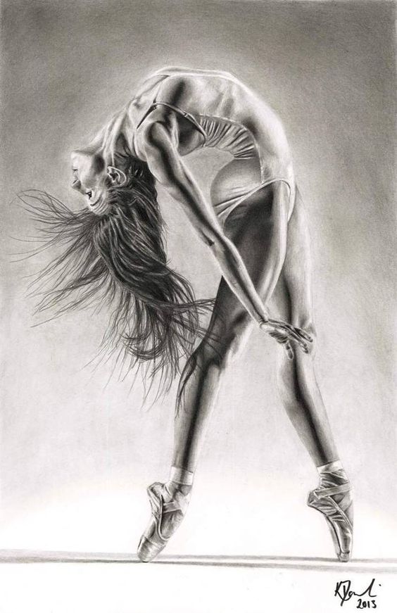 Ballet dancer in mid-performance, skillfully captured in a black-and-white drawing showcasing flexibility and elegance on pointe.