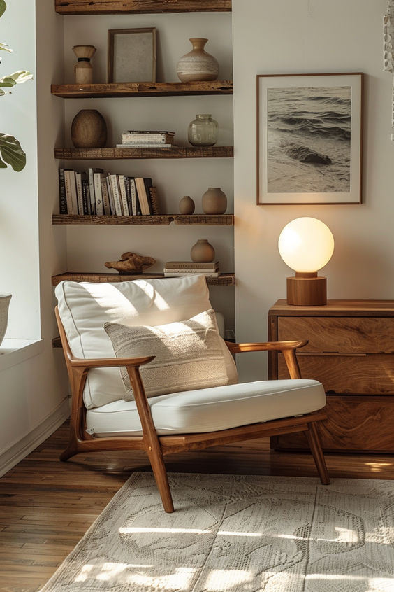 Modern cozy reading nook with a wooden armchair, bookshelf, warm lighting, and coastal decor.