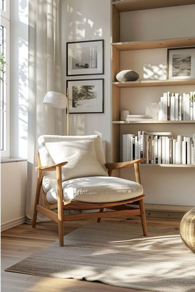 Cozy reading nook with an armchair, bookshelf, and soft lighting; perfect for relaxation and reading in a serene atmosphere.