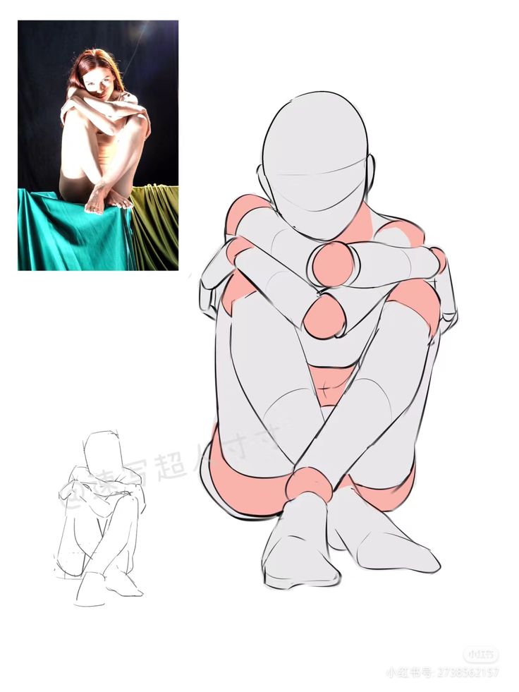 Art reference: photo of woman sitting with knees up, paired with sketch of same pose. Ideal for drawing practice.