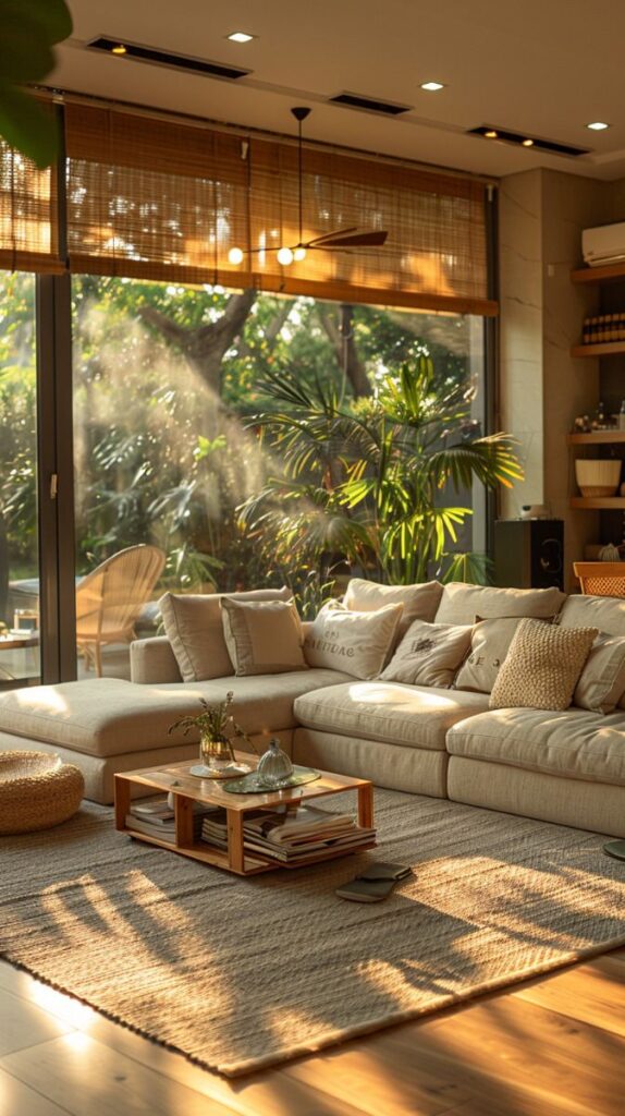 Sunlit modern living room with cozy beige sofa, wooden coffee table, and large windows overlooking lush greenery.