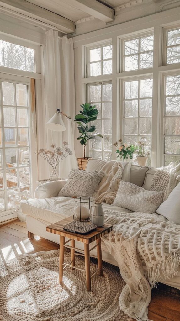 Cozy sunlit living room with a white sofa, plush pillows, blankets, a wooden table, and green plants by large windows.