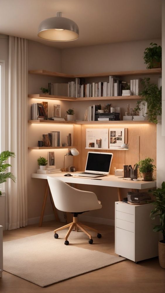 Modern home office with wooden desk, white chair, and shelves filled with books and plants, illuminated by soft lighting.