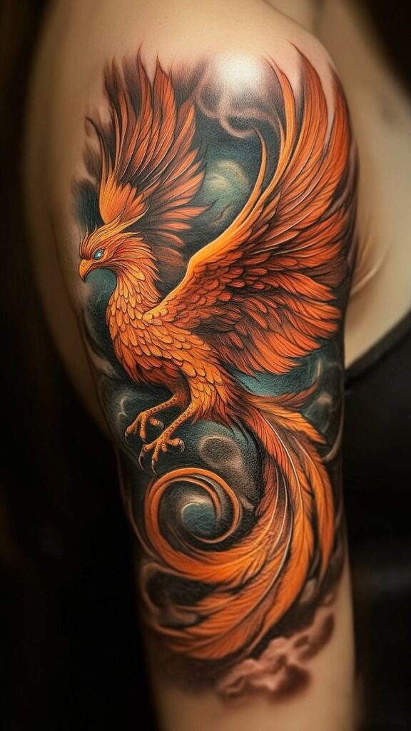 Vibrant phoenix tattoo on upper arm featuring detailed orange and red feathers against a dark, swirling background.