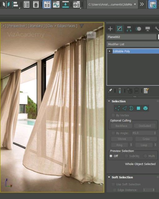 3D modeling software interface showing a modern room with large windows and beige curtains flowing naturally.