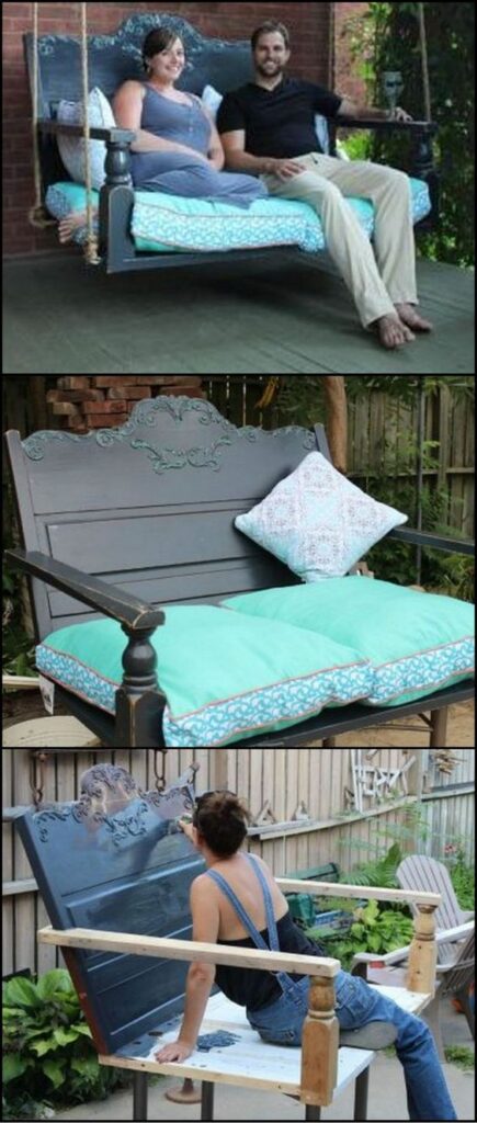 DIY porch swing bed project: A couple enjoys swinging, showcasing the refurbished bench with teal cushions and creative process.