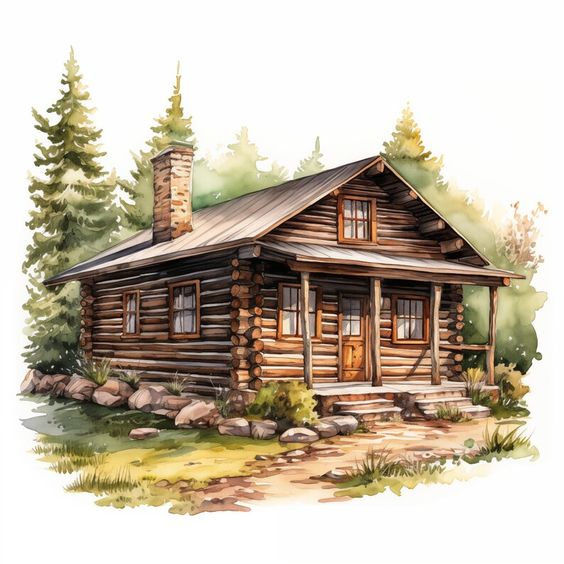 Illustration of a quaint log cabin amidst a serene forest, featuring a stone chimney and rustic wooden porch.