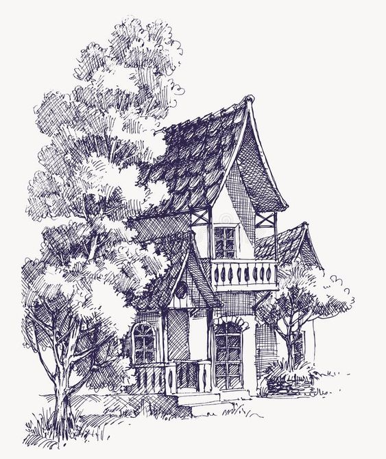 Hand-drawn sketch of a charming two-story house with trees, featuring intricate architectural details and a sloped roof.