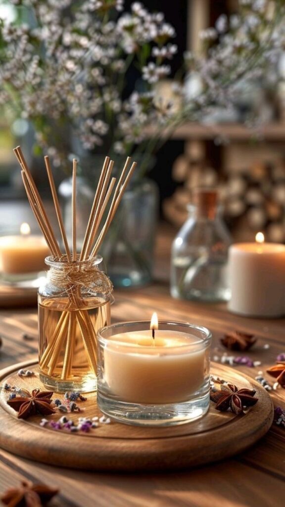 Scented candle and reed diffuser on a wooden tray with star anise and flowers, creating a cozy and aromatic ambiance.