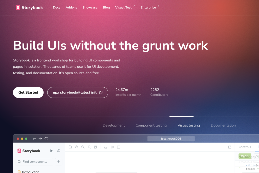 Screenshot of Storybook's website promoting its UI components tool for development, testing, and documentation.
