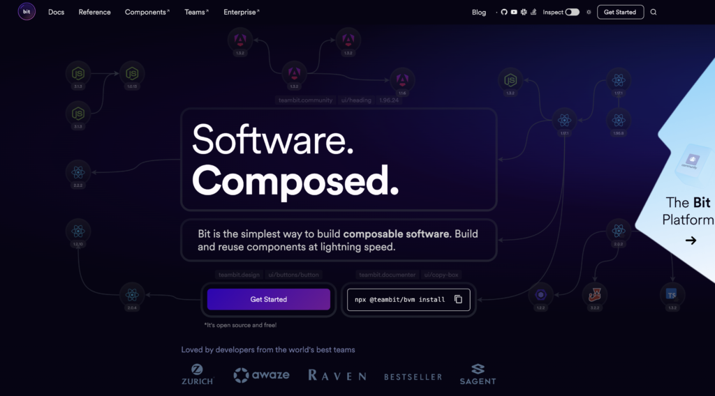 Bit's homepage showcasing composable software development, promoting building and reusing components quickly and efficiently.