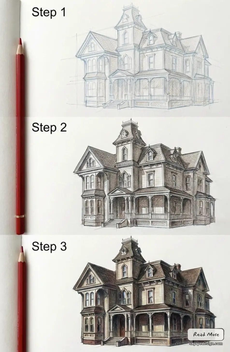 Step-by-step Victorian house drawing tutorial: pencil sketch, detailed shading, and colored rendering on paper with a red pencil.