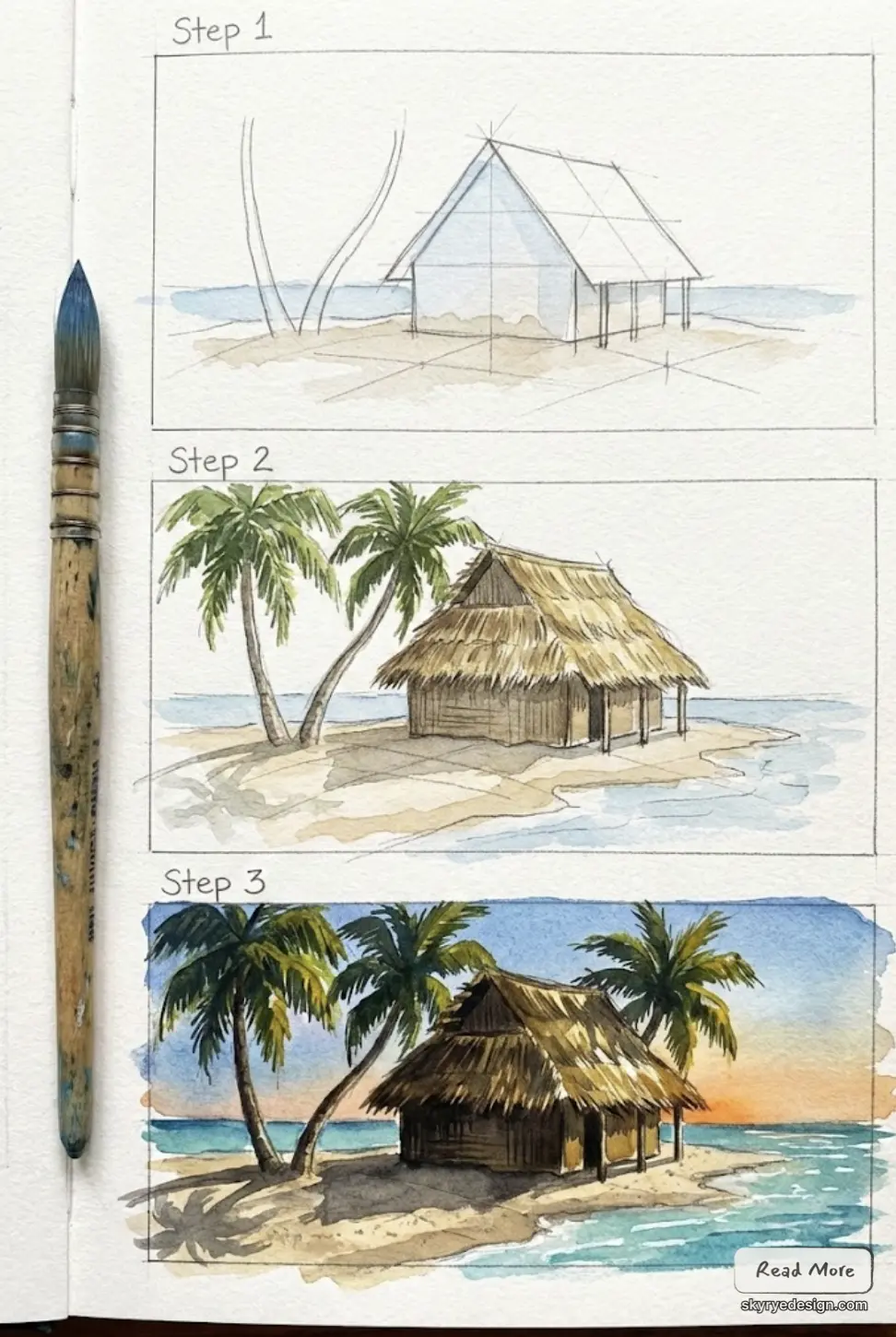 Watercolor step-by-step tutorial: sketch to finished tropical beach hut painting with palm trees and ocean, paintbrush beside pages