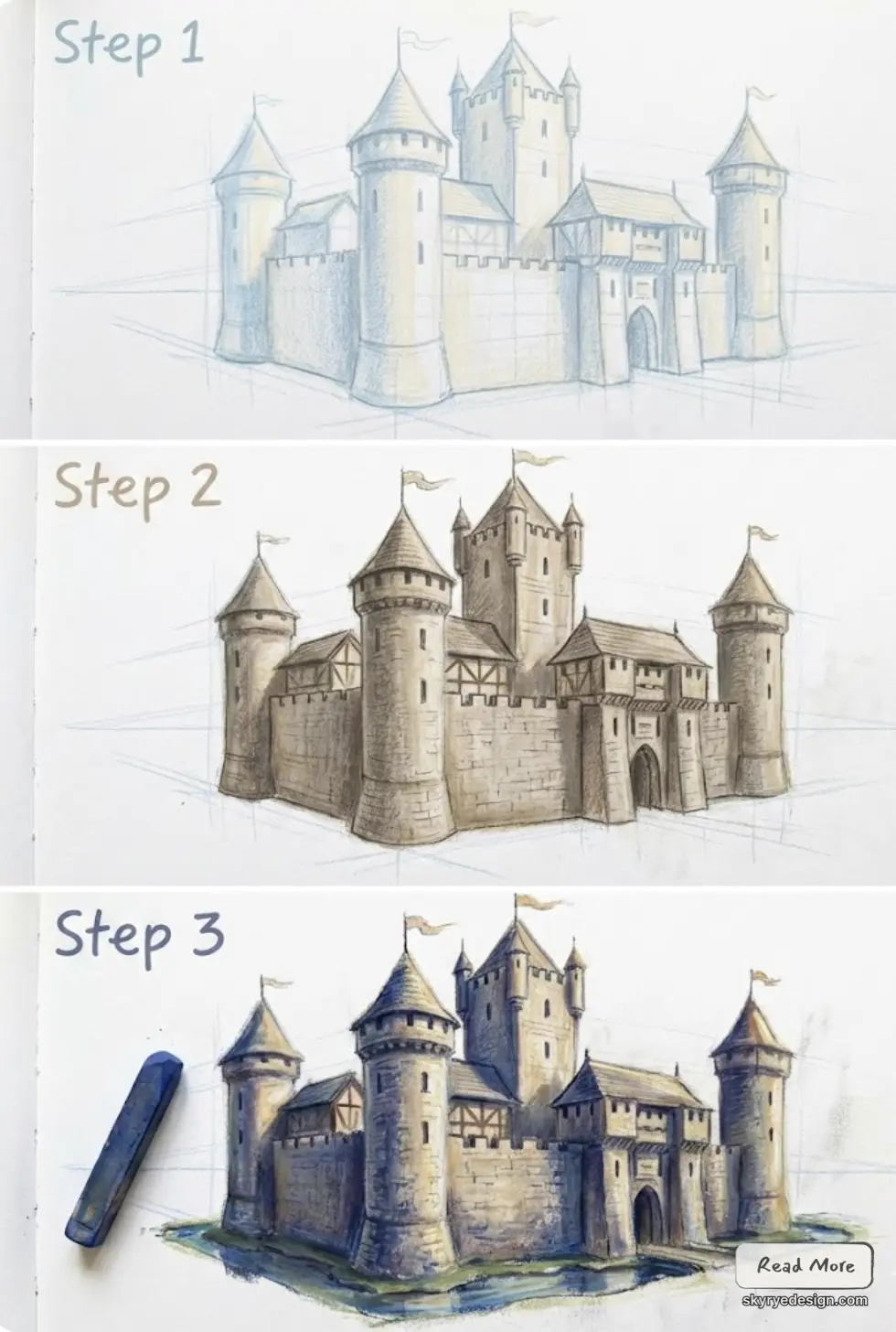 Step-by-step tutorial of a medieval castle drawing: light pencil sketch, shaded stone walls, and final colored illustration.