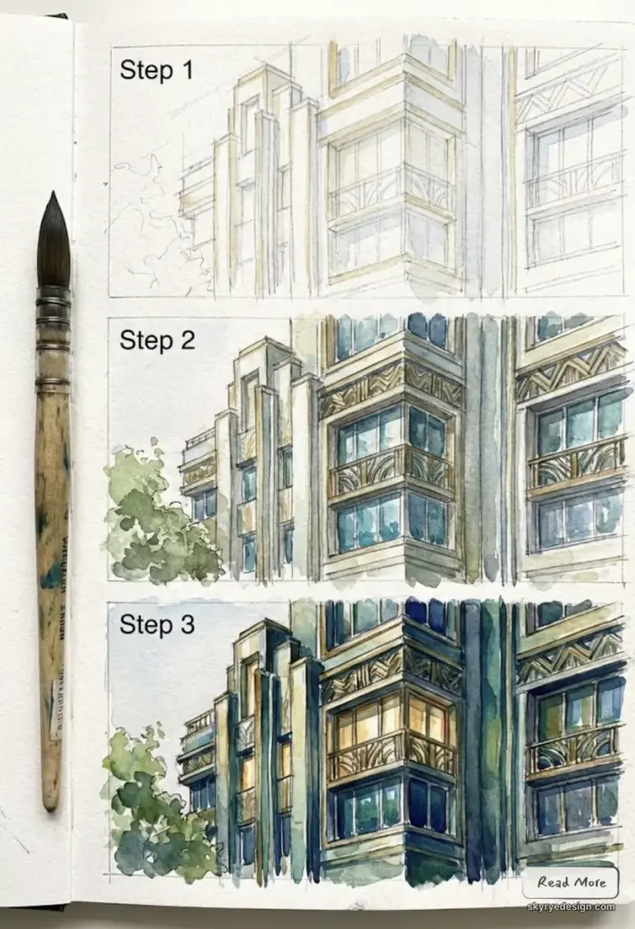 Watercolor tutorial: step-by-step architectural illustration of an Art Deco building in three stages with paintbrush