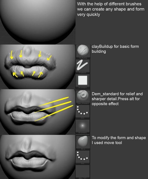 3D modeling tutorial showing steps for creating a mouth using clay buildup, dem standard, and move tool in sculpting software.