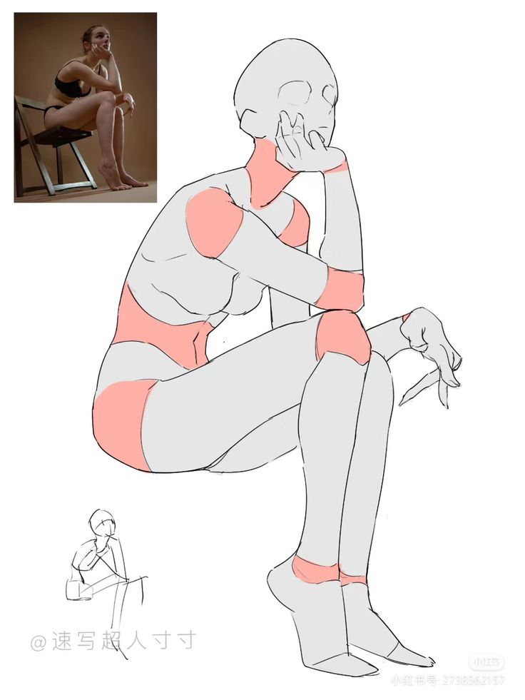 Art reference image: woman in a thoughtful pose on a chair, highlighted anatomical sketch for drawing practice.