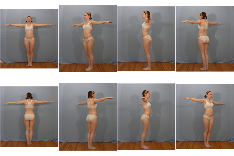 Composite image of a woman in underwear standing in various poses showing front, side, and back views against a grey backdrop.