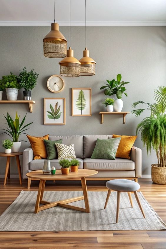 Modern living room with green plants, three pendant lights, beige sofa, wooden furniture, and botanical art on the walls.