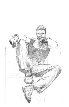 Sketch of a muscular man sitting casually with one leg up, wearing pants and boots, and staring intently forward.