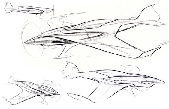 Concept sketches of a futuristic aircraft with sleek, aerodynamic design and advanced engineering features.