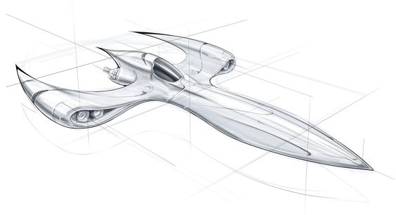 Futuristic concept drawing of a sleek, aerodynamic vehicle with a streamlined design, showcasing advanced technology and innovation.