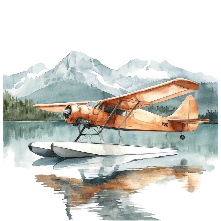 Watercolor painting of an orange seaplane on a serene lake with majestic mountains in the background.