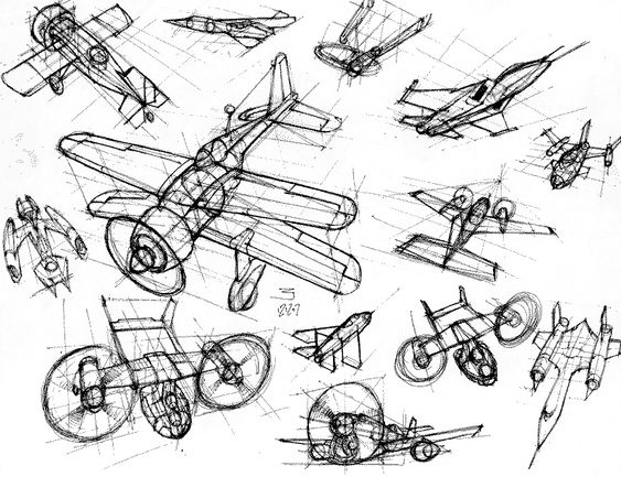 Sketches of airplanes and flying vehicles in various perspectives and designs, showcasing intricate details and engineering concepts.