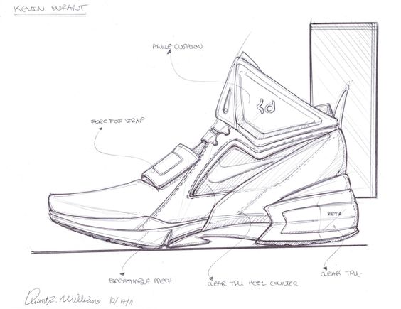 Hand-drawn sneaker design labeled with features like breathable mesh, clear TPU heel counter, and ankle cushion. Nike logo visible.