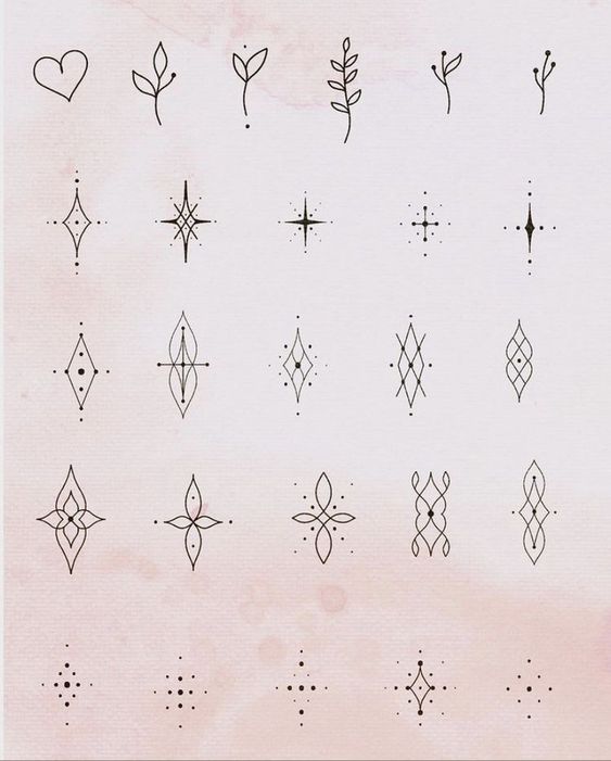 Minimalist small tattoo designs including hearts, leaves, and geometric shapes on a soft pastel background.