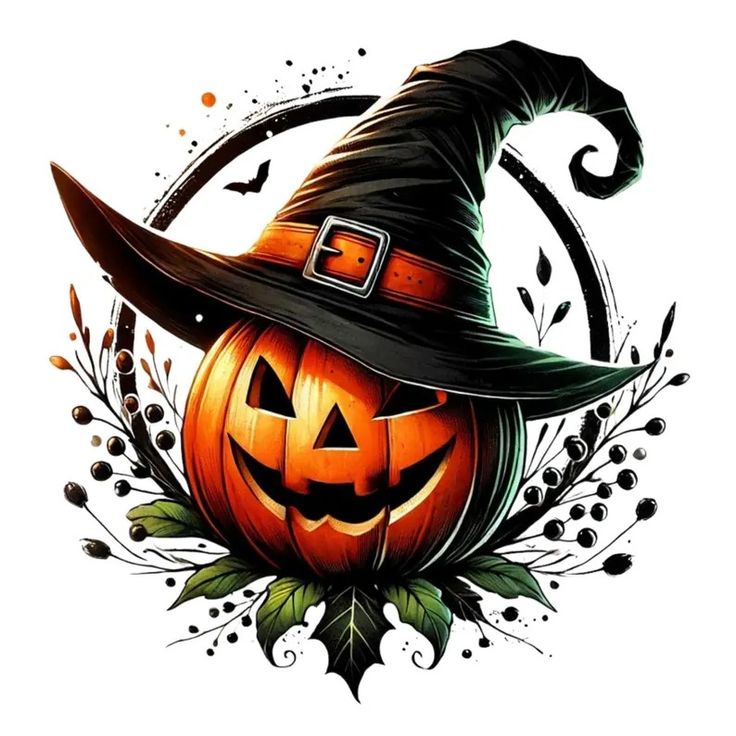 Pumpkin Jack-o'-lantern with a witch hat, surrounded by branches and leaves, perfect Halloween decoration.