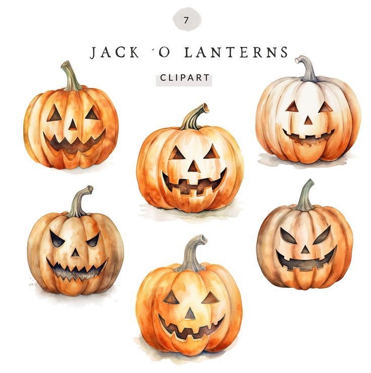 Six cartoon jack-o'-lantern clipart images with various expressions for Halloween decorations or designs.