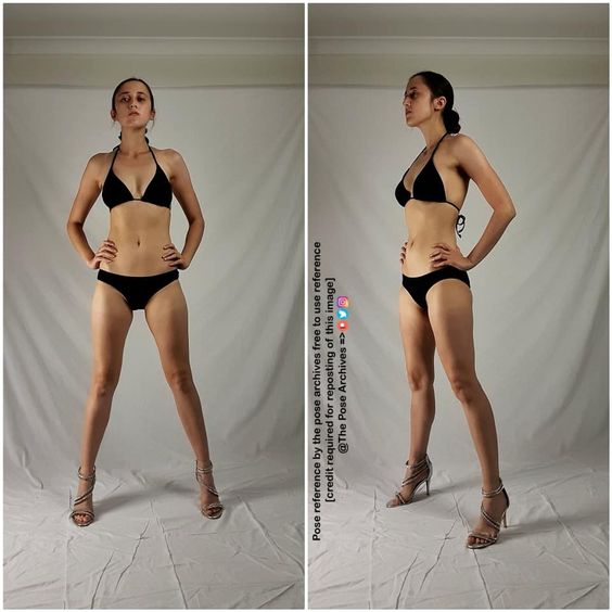 Woman in black bikini and heels posing confidently, front and side view, against a plain white background. Fitness and modeling.