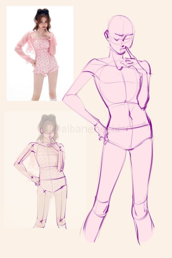 Reference photo with a digital sketch and figure drawing overlay, showcasing an outfit pose study.