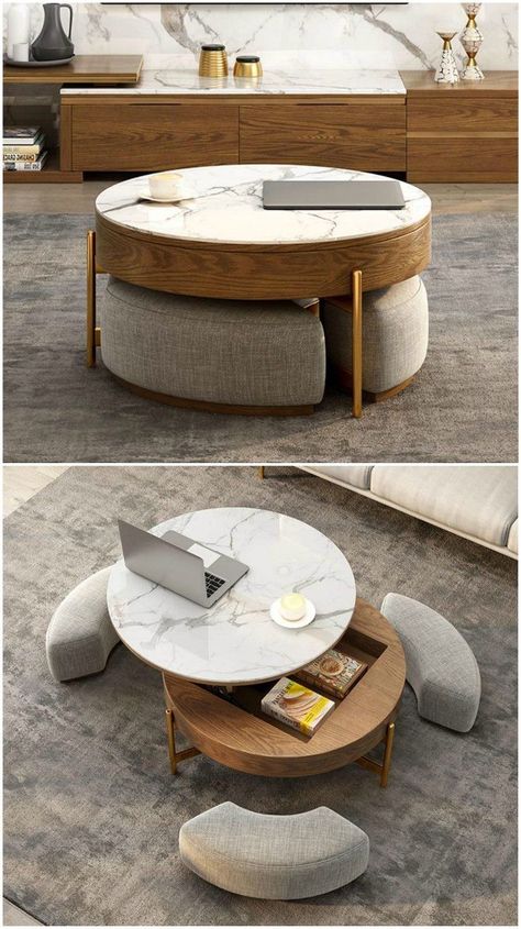 Modern round marble coffee table with beige stools and wooden storage base, perfect for stylish living rooms.