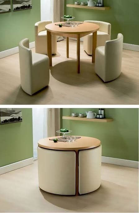 Space-saving round dining table with chairs, shown both extended and nested, in a modern green and beige kitchen setting.