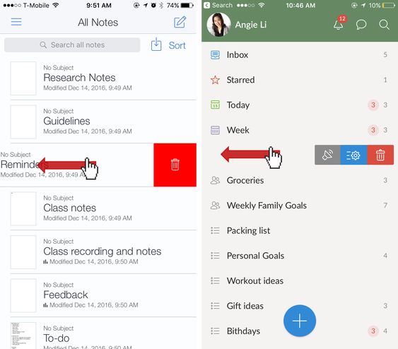 Two mobile app screens showing note management with options to delete and sort notes using a swipe gesture.